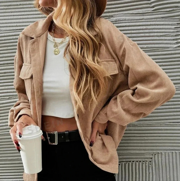 Flap Pocket Drop Shoulder Corduroy Jacket - Picture 3 of 5